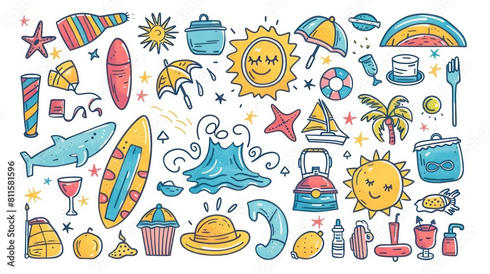 A delightful set of doodles themed around summer, featuring traditional symbols and activities like sunbathing, swimming, and ice cream.

