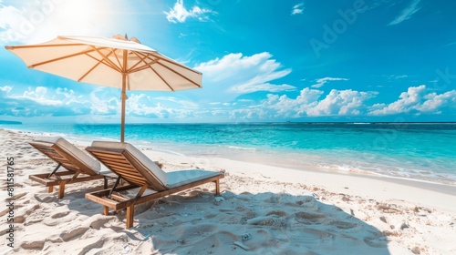 A relaxing beach setup with multiple sun umbrellas and loungers  perfect for a day of sunbathing and relaxation.  