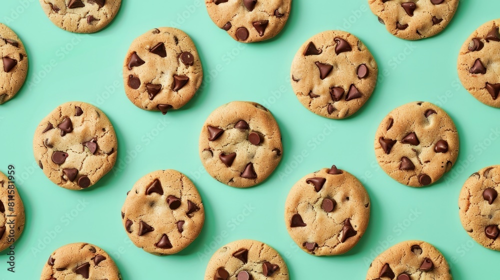 A creative and trendy pattern made entirely of chocolate chip cookies, set against a bright mint green background.
A creative and trendy pattern made entirely of chocolate chip cookies, set against a bright mint green background.
