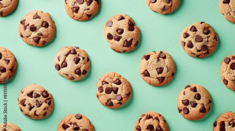 A creative and trendy pattern made entirely of chocolate chip cookies, set against a bright mint green background.
A creative and trendy pattern made entirely of chocolate chip cookies, set against a bright mint green background.