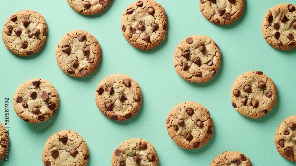 A creative and trendy pattern made entirely of chocolate chip cookies, set against a bright mint green background.
A creative and trendy pattern made entirely of chocolate chip cookies, set against a bright mint green background.