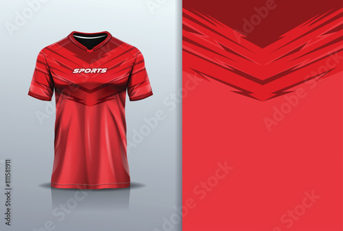 T-shirt mockup with abstract stripe line jersey design for football, soccer, racing, esports, running, in red color