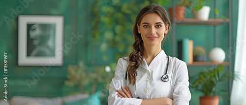 Beautiful doctor in portrait with green background, pointing finger to side and grinning,copy space, banner design.