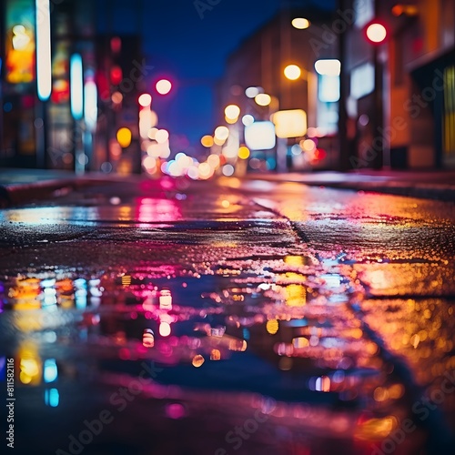 A city street at night  with neon lights reflecting on the wet pavement. Generative AI.
