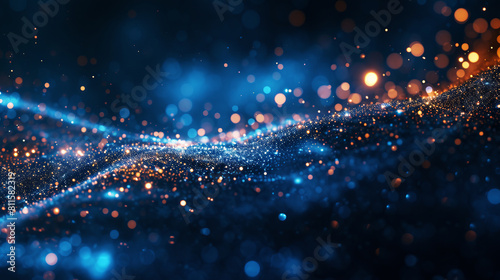 A dynamic wave of blue and orange particles, digital bokeh style, on a dark background, concept of flow or energy. Generative AI photo