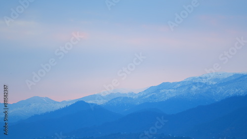 Cloudy Sunrise Over The Mountain. Mountain And Sky Clouds. Foggy Mountain. Pan.