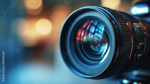 Close-up of a camera lens with reflection, bokeh lights in the background, concept of photography equipment. Generative AI