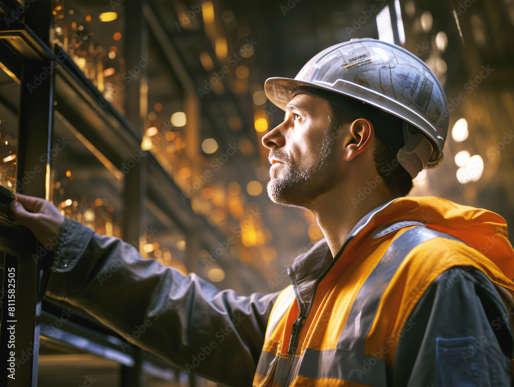 A worker in safety gear at an industrial setting, orange and yellow tones dominate, concept of industry and safety. Generative AI A worker in safety gear at an industrial setting, orange and yellow tones dominate, concept of industry and safety. Generative AI