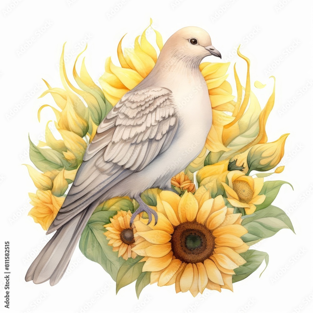 Obraz premium A watercolor painting of a dove perched on a wreath of sunflowers.