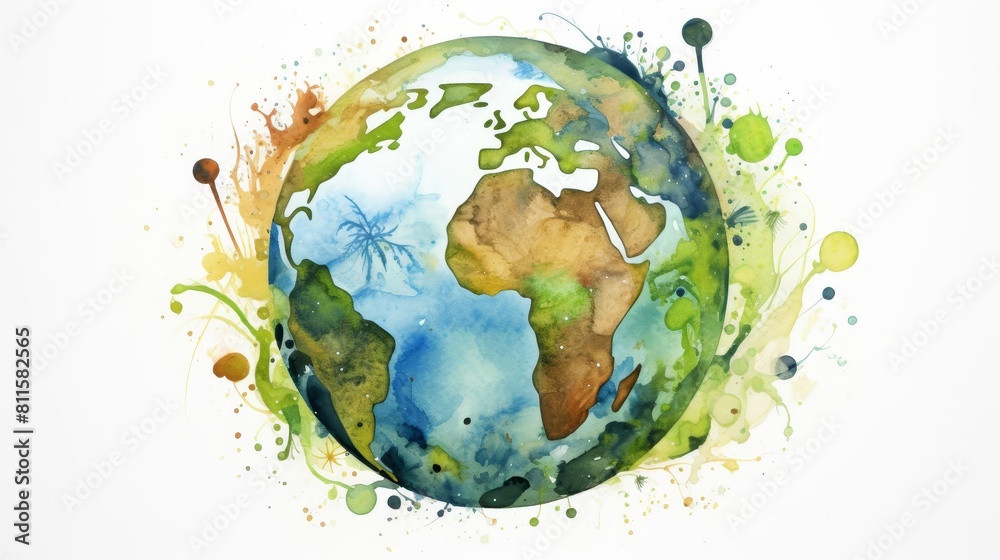 Artistic watercolor painting of the Earth. Continents and watercolor stains are visible on the surface of the planet.