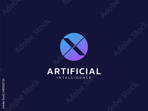 Artificial intelligence with letter X in circle shape technology Analysis logo vector design concept. AI technology logotype symbol for advance technology, tech company, ui, online network, new tech.