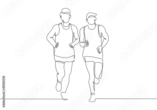 Runners Couple One Line Drawing. Running Concept Abstract Minimal Drawing. Athlete Continuous One Line Illustration. Activity Lifestyle Modern Trendy Contour Drawing. Vector EPS 10.
