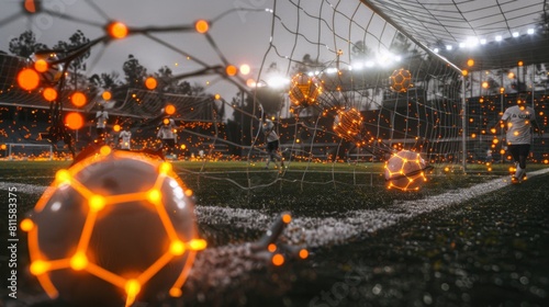 Abstract visualization of a soccer field with players represented as glowing nodes in a neural network.