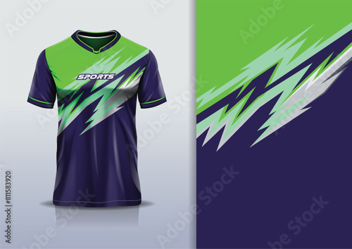 T-shirt mockup with abstract stripe line jersey design for football, soccer, racing, esports, running, in green blue color