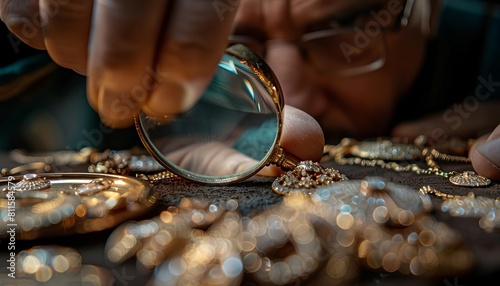 A jeweler inspecting a finished piece of jewelry under a magnifying glass in a closeup view to ensure quality
