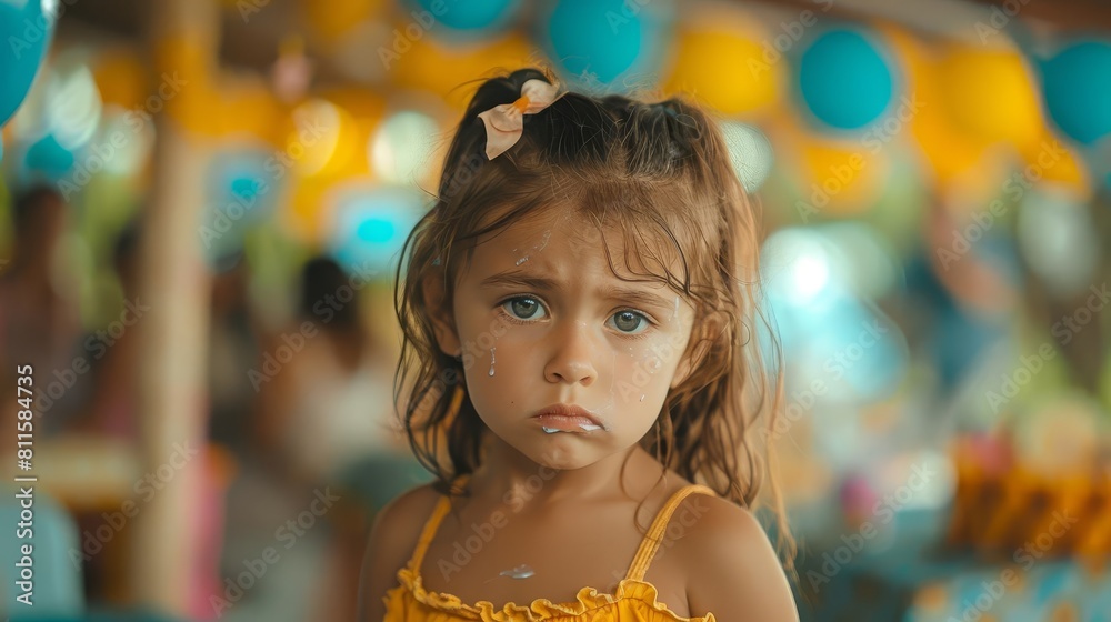 A little girl crying at a birthday party, standing apart from the festivities with a tearstained face A little girl crying at a birthday party, standing apart from the festivities with a tearstained face