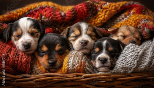 A litter of mixedbreed puppies snuggling together in a cozy basket with soft blankets photo