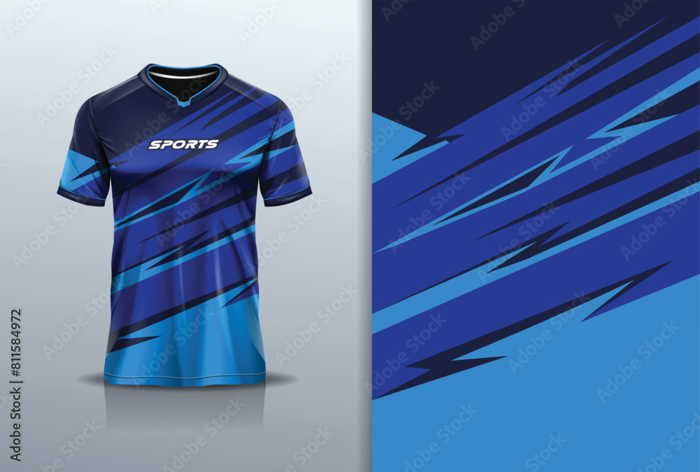 T-shirt mockup with abstract stripe line jersey design for football, soccer, racing, esports, running, in blue color T-shirt mockup with abstract stripe line jersey design for football, soccer, racing, esports, running, in blue color