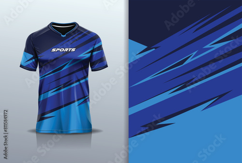 T-shirt mockup with abstract stripe line jersey design for football, soccer, racing, esports, running, in blue color