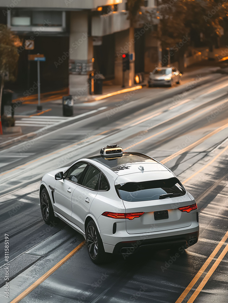 Autonomous taxi on a street making a left turn Autonomous taxi on a street making a left turn