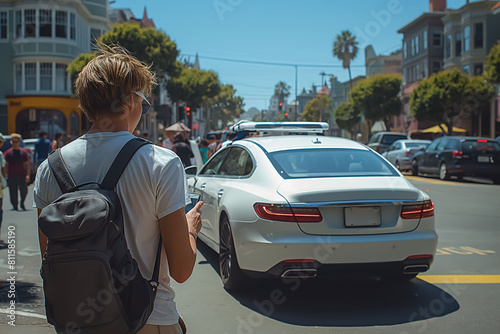 Young man calling an autonomous taxi on a street using an app