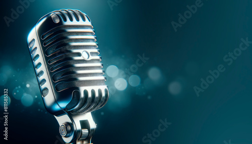 A vintage microphone displayed prominently against a dark blue bokeh background, embodying a concept of audio and music presentation. Generative AI