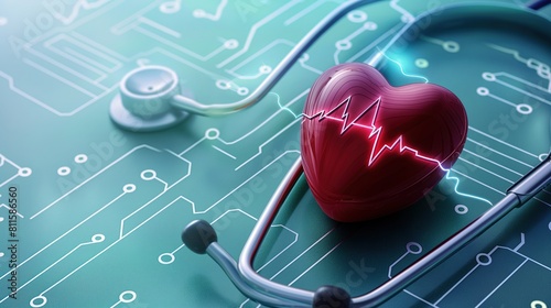Stethoscope and heart with ECG line on circuit board background. Heart health, cardiologist consultation, cardiac ischemia, arrhythmia photo