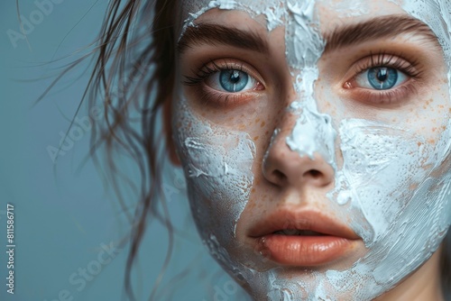 a beautiful girl with cream on her face - skin care concept