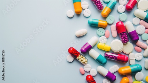 A variety of colorful pills and capsules scattered on a light blue surface with copy space. Pharmaceutical industry, rising prices of drugs, drug production, shortage of drugs in pharmacies
