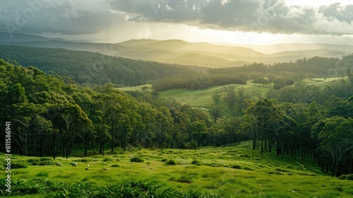 Expansive woodlands gentle slopes beneath a cloudy sky breathtaking views