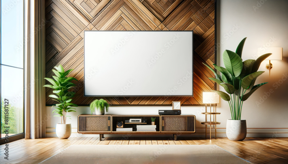An interior scene with a blank poster on a wooden wall, modern furniture, and indoor plants, set on a light background for a mockup concept. Generative AI