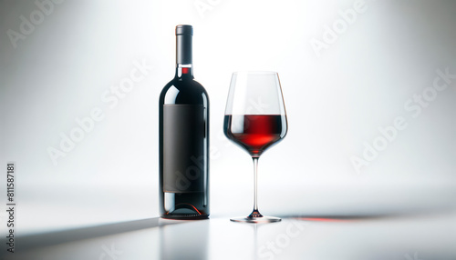 A bottle of red wine next to a filled wine glass on a clean background, concept of product presentation. Generative AI © Who is Danny