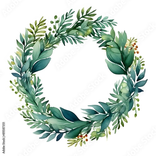 Christmas wreath with red poinsettia flowers  holly leaves and berries on a white background. Generative AI.