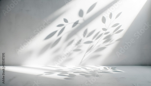 Shadows of leaves on a stark white wall and floor  conveying a modern and clean design concept. Generative AI