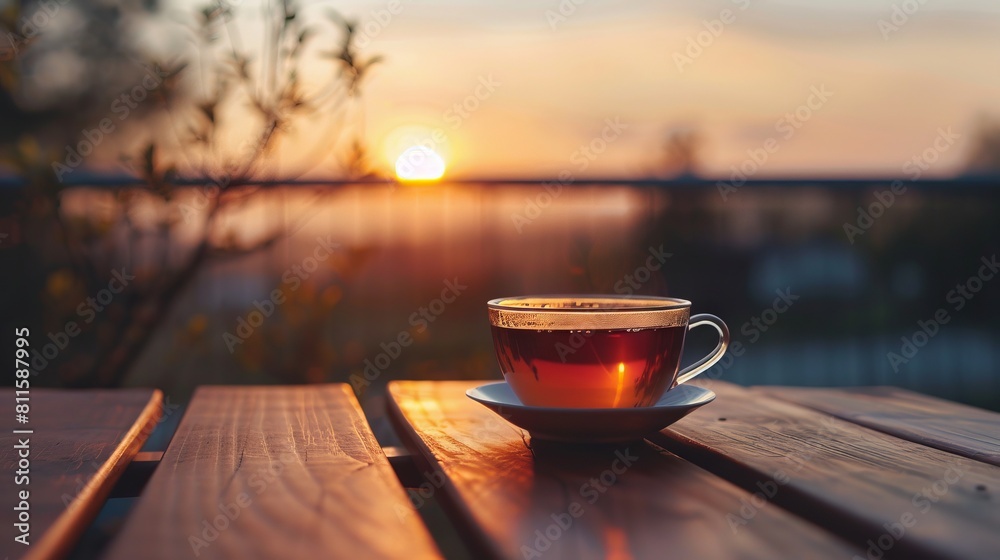 A cup of tea on a wooden table at sunset.