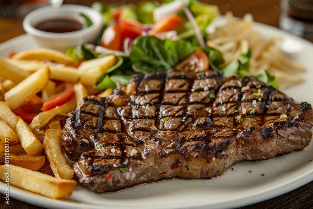 Grilled steak with french fries and salad