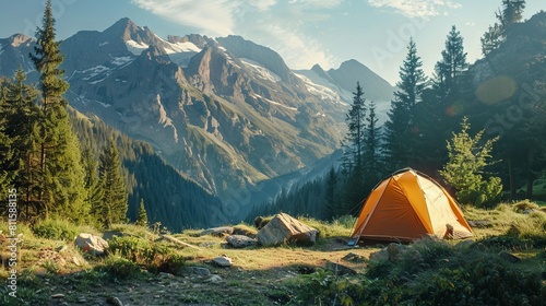 A tent is set up in the mountains.