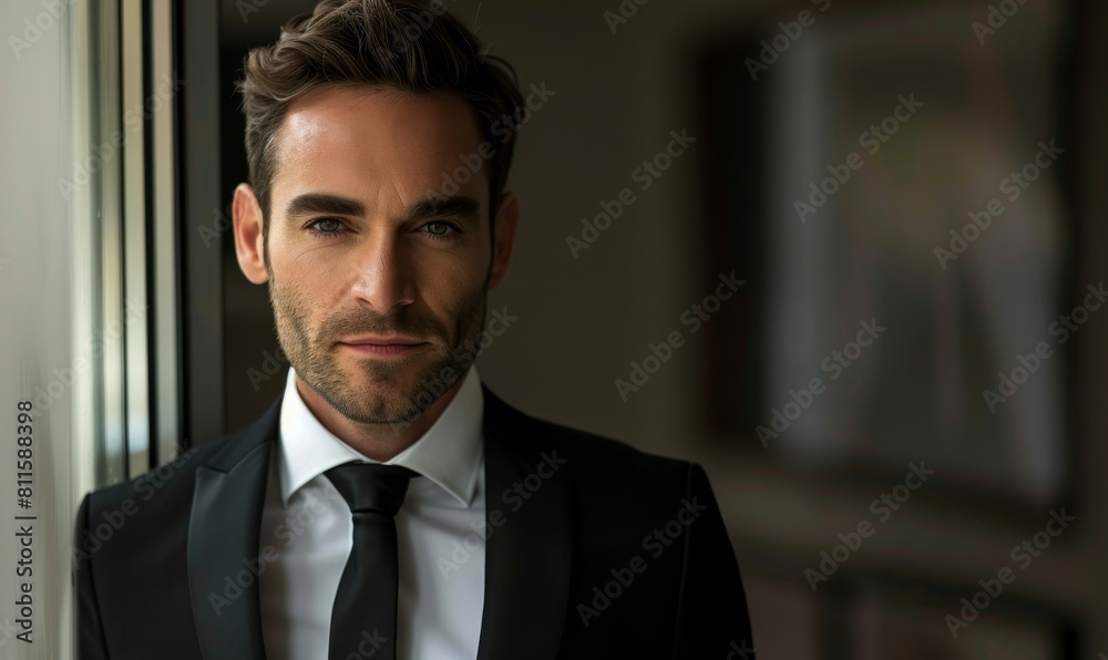 Handsome businessman in suit looking out window Handsome businessman in suit looking out window