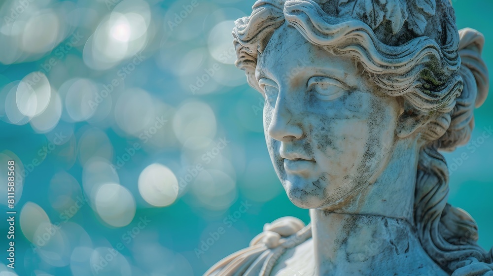 Serene marble statue against turquoise background Serene marble statue against turquoise background