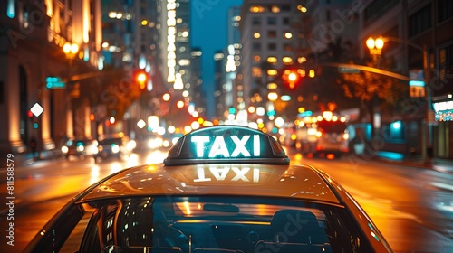 A taxi cab on a city street at night.