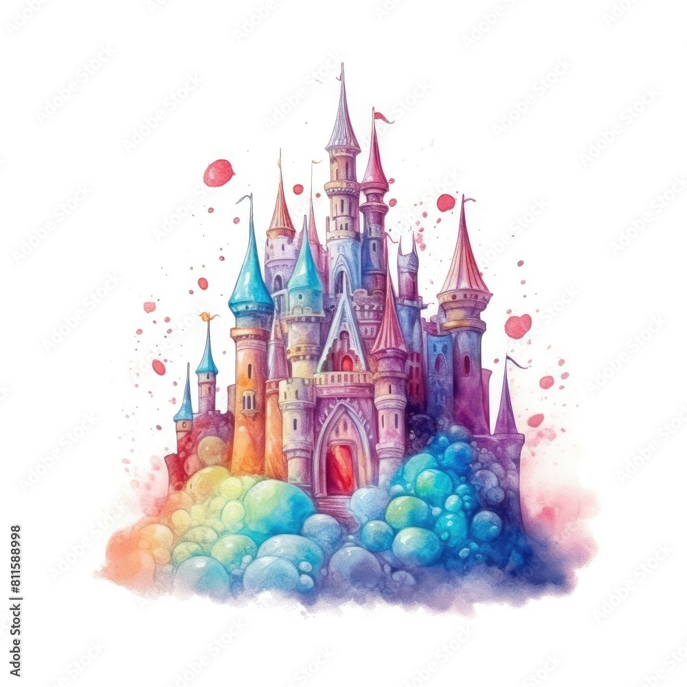Whimsical pastel vibrant watercolor castle surrounded by dreamy clouds. Castle with multicolored and rainbow watercolor with separated white background. Fairy tale concept for fantasy artwork. AIG35.