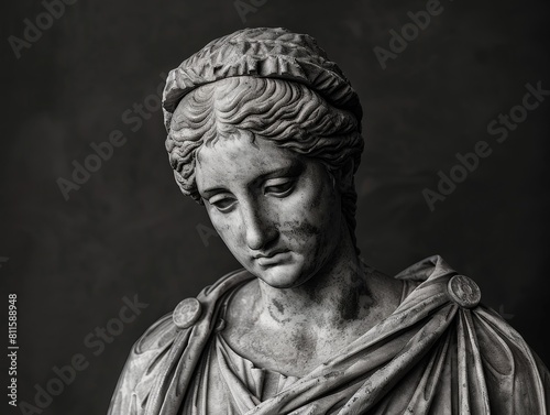 ancient greek statue in black and white photo