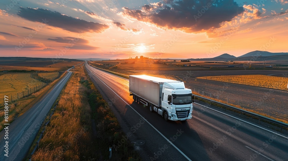 White truck driving on the asphalt road in rural landscape with dramatic cloud at sunset, aesthetic look