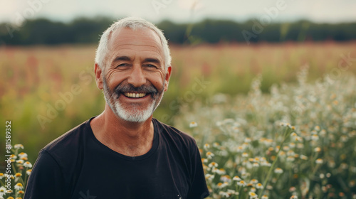 Happy mature man portrait in middle of beautiful nature field with copy space