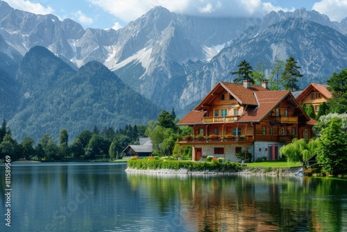 Austrian houses near a lake and mountains. European elegance, tidiness, and beauty.  © Uliana