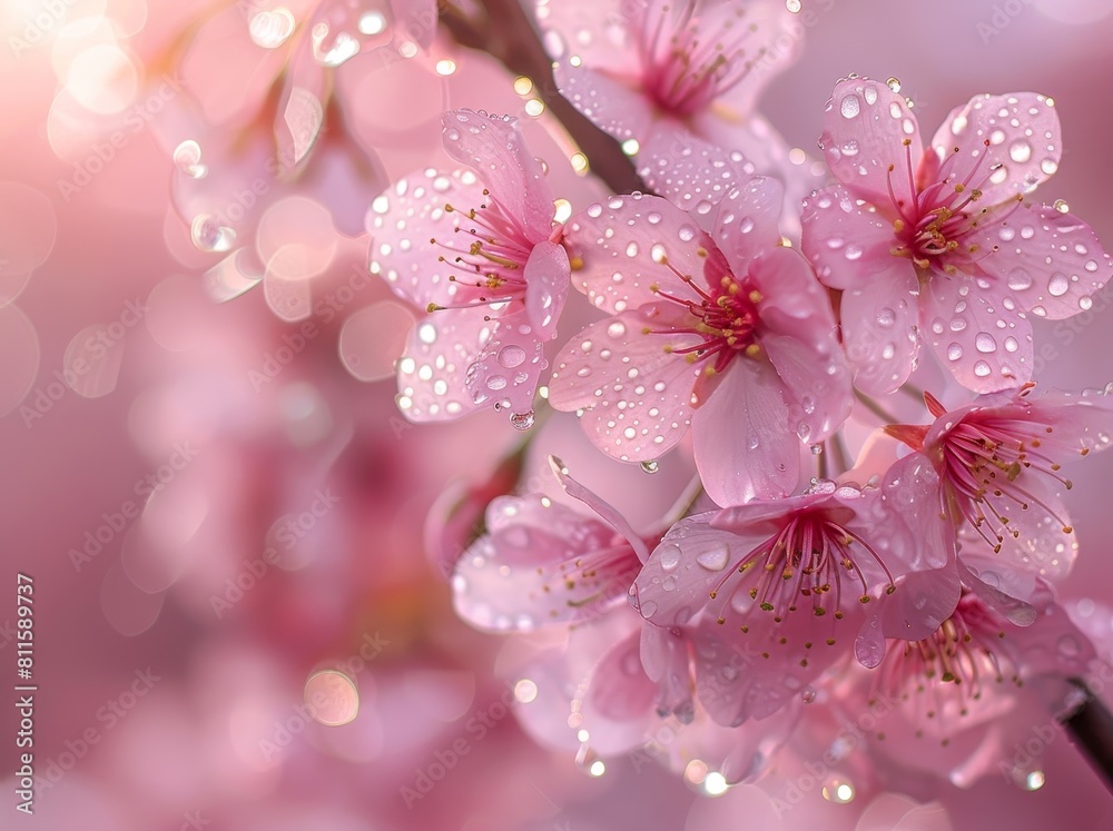 Delicate pink cherry blossoms with water droplets Delicate pink cherry blossoms with water droplets
