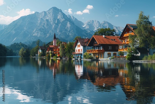 Austrian houses near a lake and mountains. European elegance, tidiness, and beauty. 