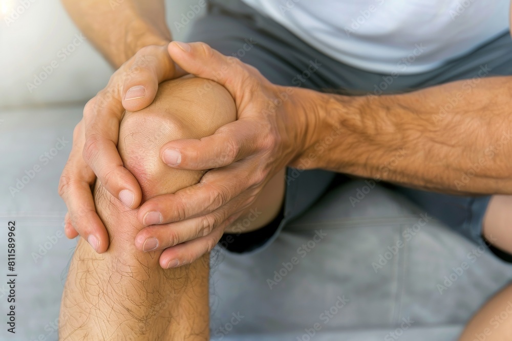 Fototapeta premium 両手でひざを押さえる日本人男性（膝の痛み・ひざの痛み・関節痛・膝関節）