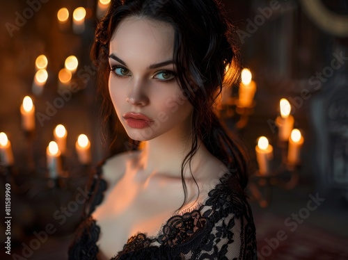 Alluring woman in black lace dress with dramatic lighting © Ari