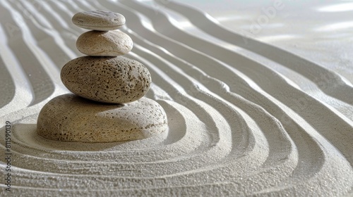 Stacked stones on sand with ripple patterns